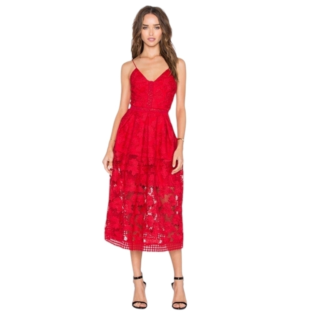Revolve Nicholas Red Floral Lace Rouleau Ball Midi Dress Cocktail Wedding guest